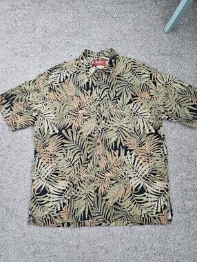 Tommy Bahama Black Tropical Leaf Camp Shirt with Green & Tan Print